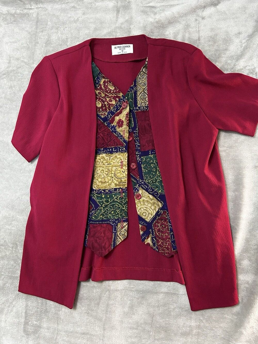 Alfred Dunner Petite 6 Red Blouse Jacket Set Vintage Patchwork Vest Women USA